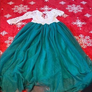 Elegant White and Teal Kids Formal Dress